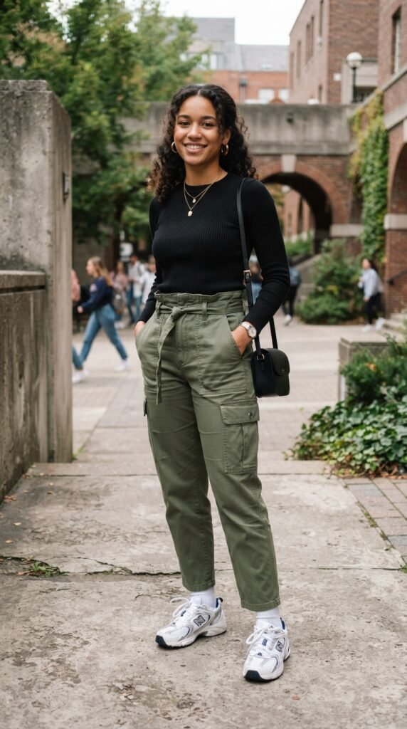 High-Waisted Cargo Pants and Fitted Ribbed Tee College Outfit