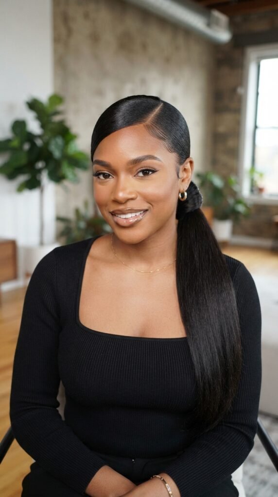 Low Sleek Ponytail Side Part Hairstyles Black Women Idea