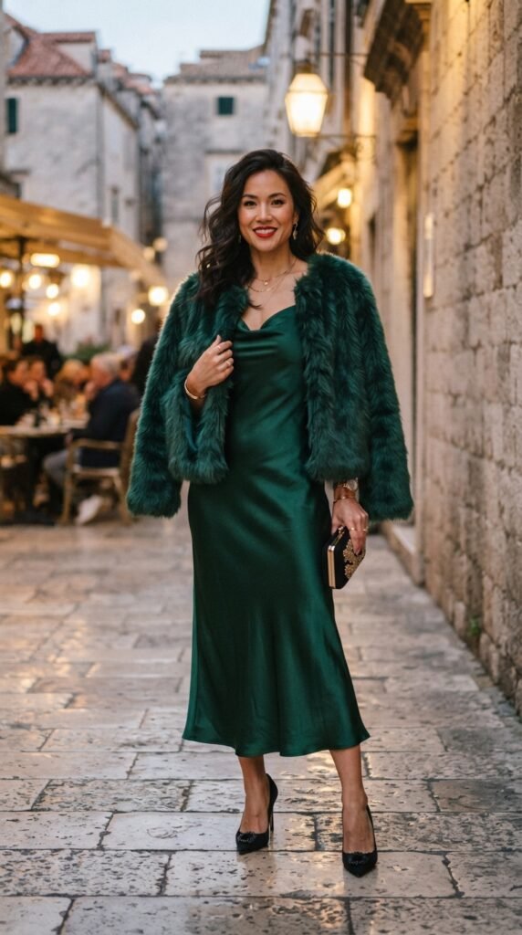 Elegant Emerald Green Faux Fur Jacket Outfit with Satin Dress