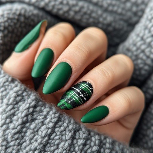 Moody Emerald and Plaid Coffin Nails
