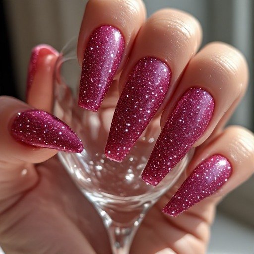 Frosted Cranberry Shimmer Coffin Nails