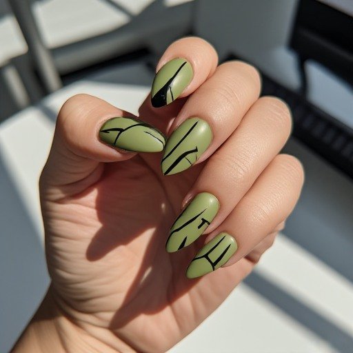Olive Green Minimalist Lines Coffin Nails