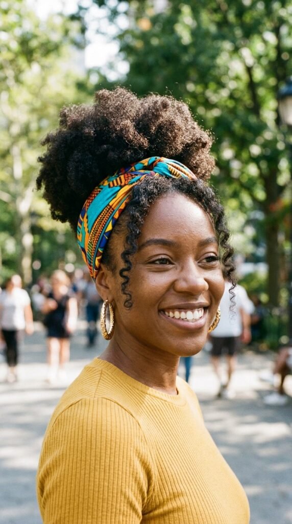 Afro Puff with Colorful Headband Hairstyle