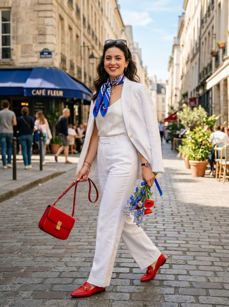 All-White-Outfit-with-Pops-of-Red-and-Blue.
