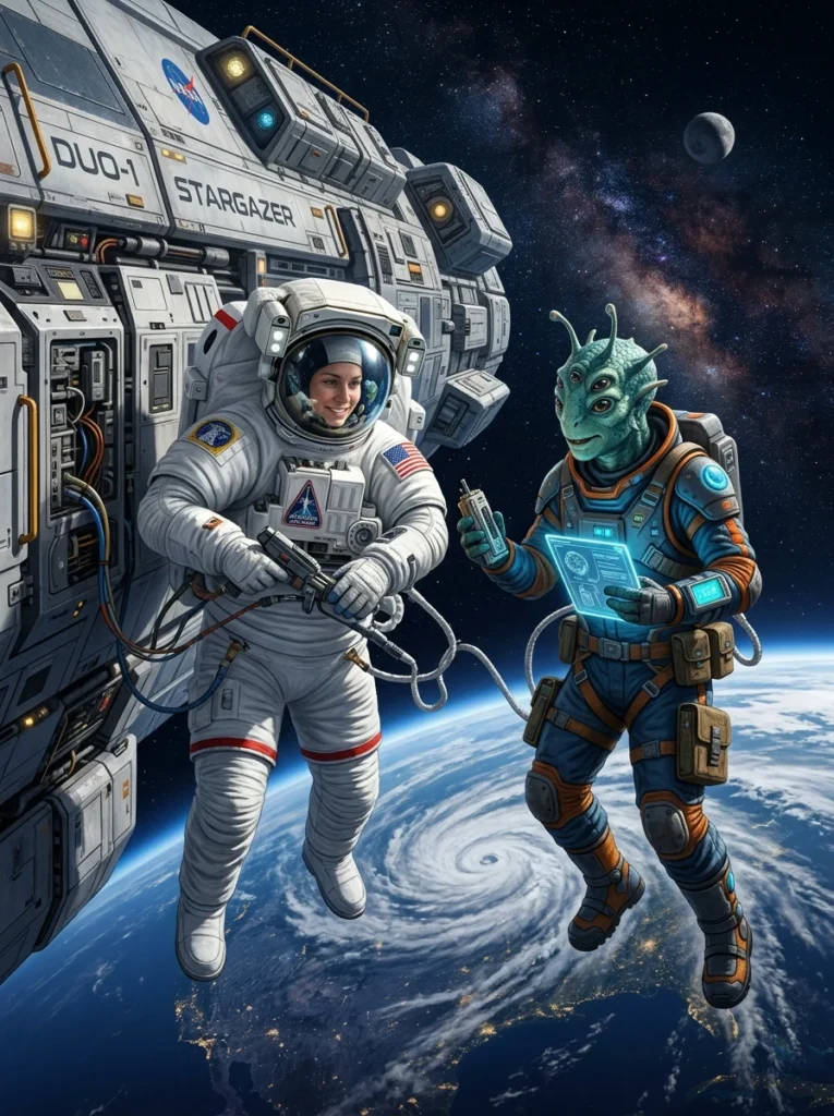 Astronaut and Alien Space Duo