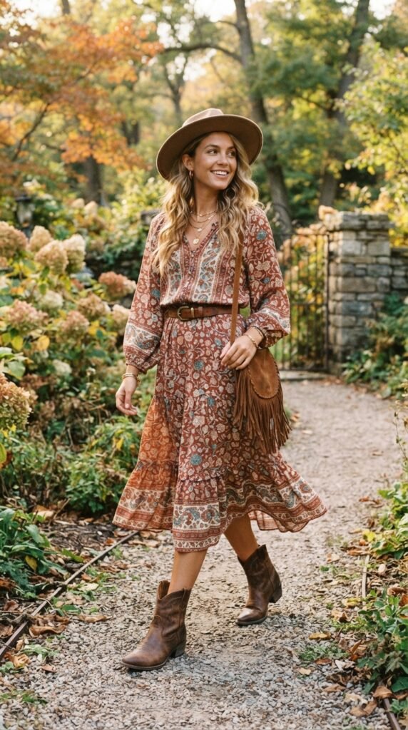 Boho Midi Dress and Boots Outfit