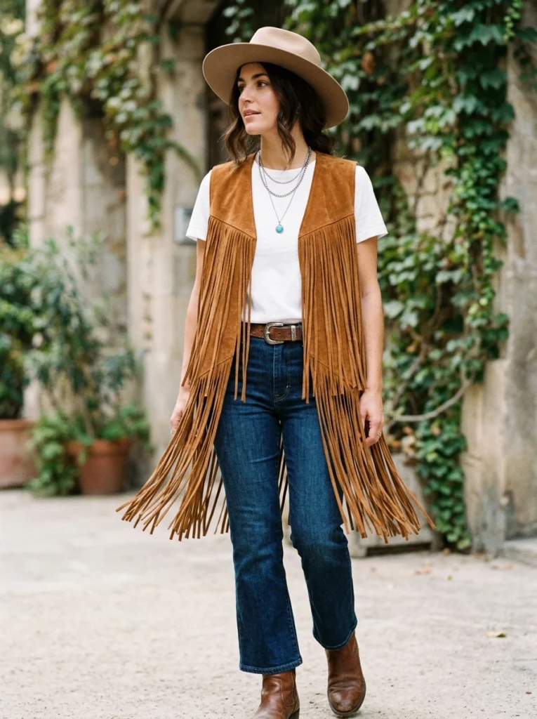 Bold Fringed Suede Vest Over a Simple Top