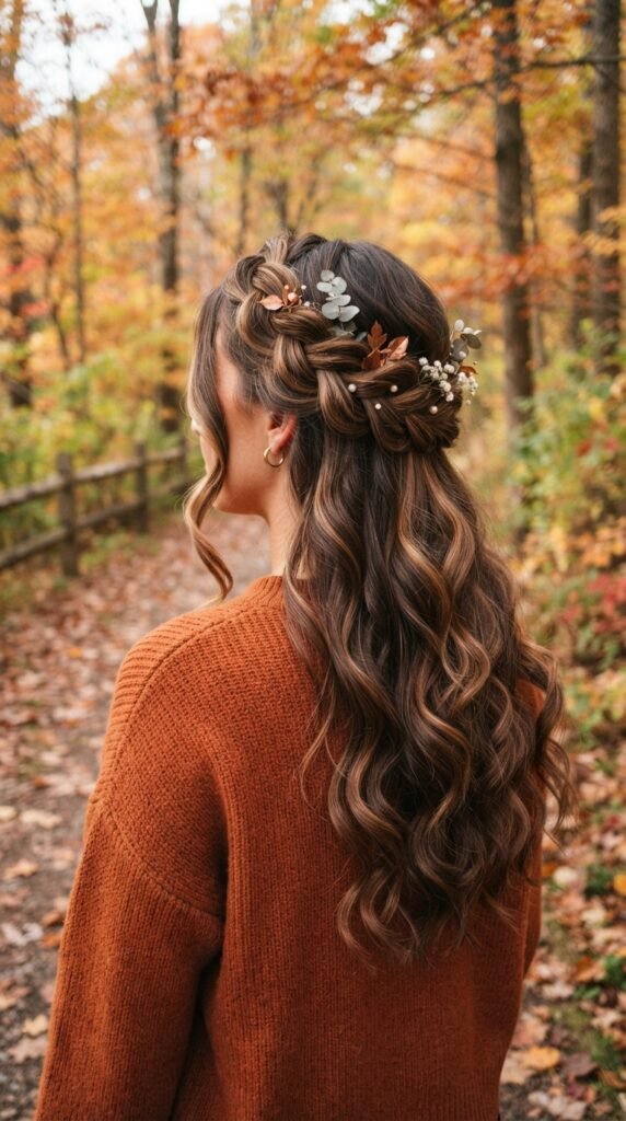 Romantic Braided Crown Half-Up Fall Hairstyles for Long Hair 2026 Hairstyle
