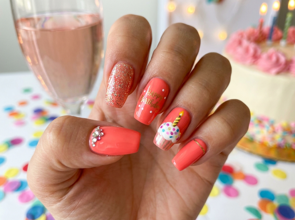 Bright Coral Birthday Nails