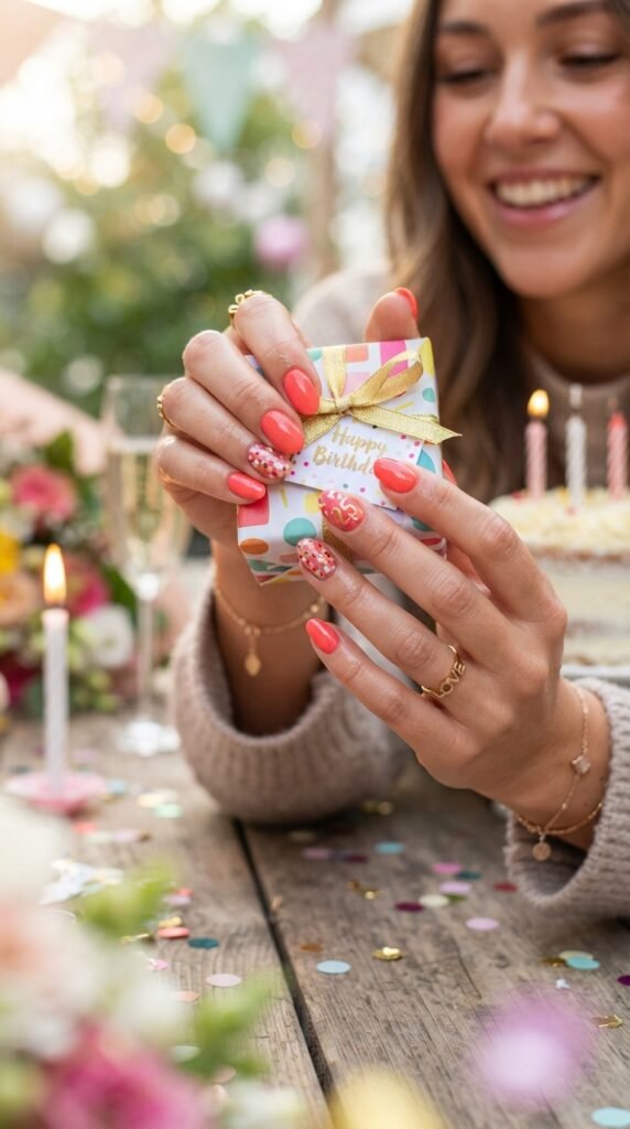 Bright Coral Birthday Nails