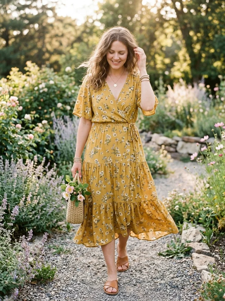  Effortless Mustard Yellow Floral Midi Dress