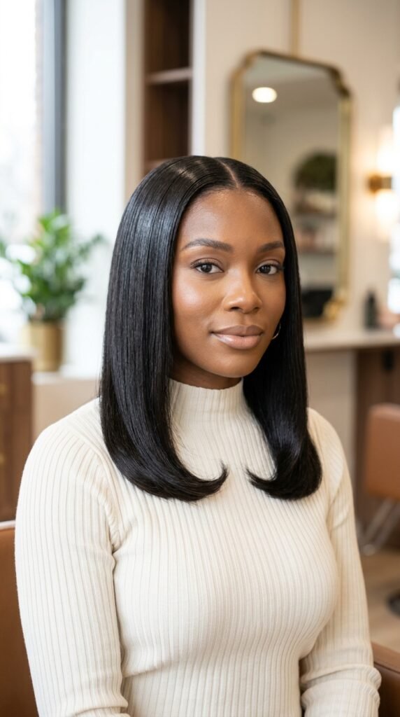 Classic Silk Press with Middle Part Hairstyle