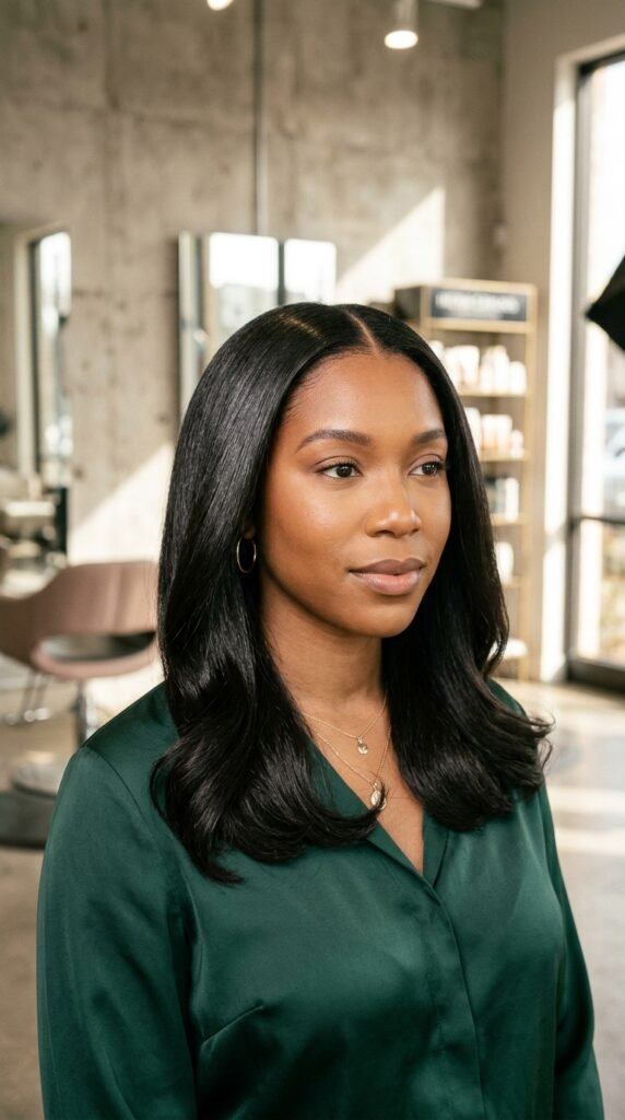 Classic Silk Press with Middle Part Hairstyle