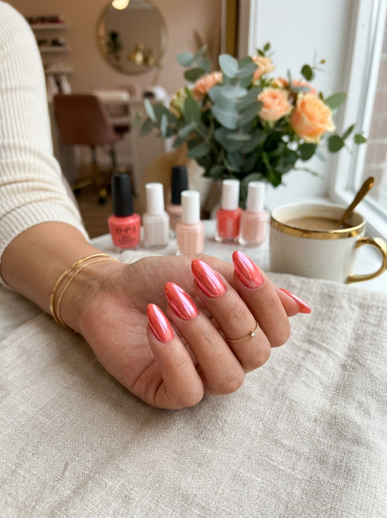 Coral Chrome Nails