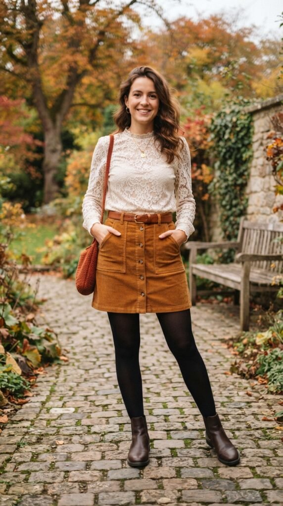 Corduroy Skirt and Lace Top Outfit