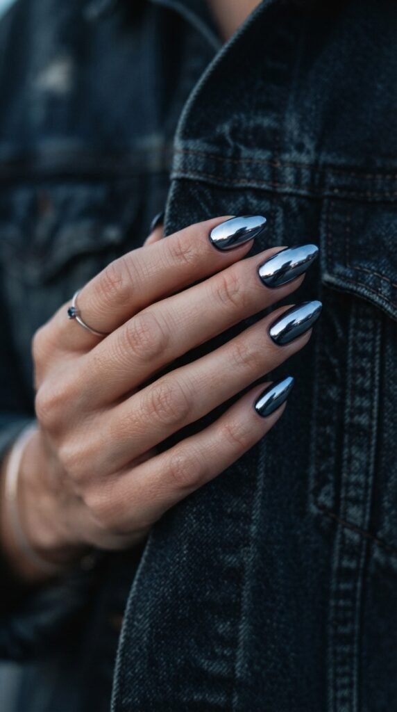 Deep Ocean Navy & Chrome Nail Art