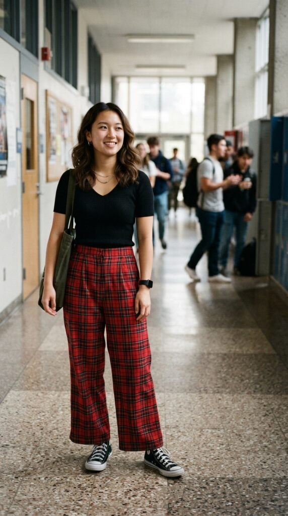 The Printed Bottoms and Dark Top First Day of School Outfit
