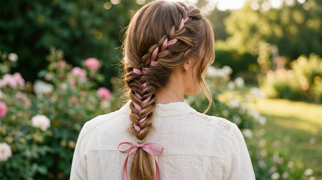 Fishtail Braid with Ribbon Hairstyle