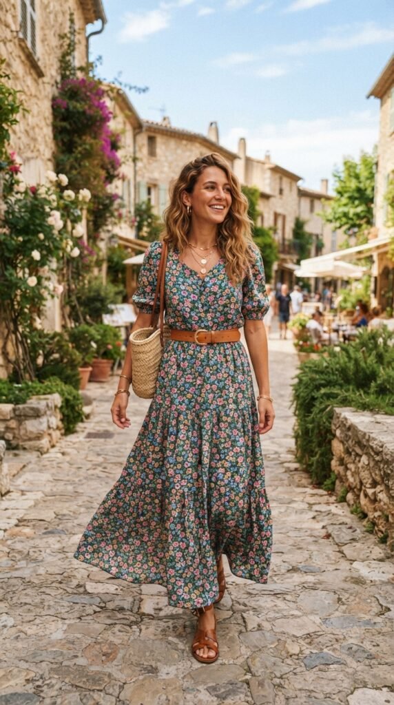 Floral Maxi Dress and Belt Outfit