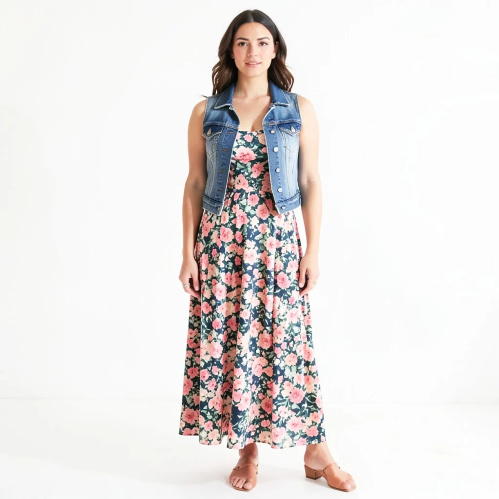 . Floral Midi Dress and Denim Vest