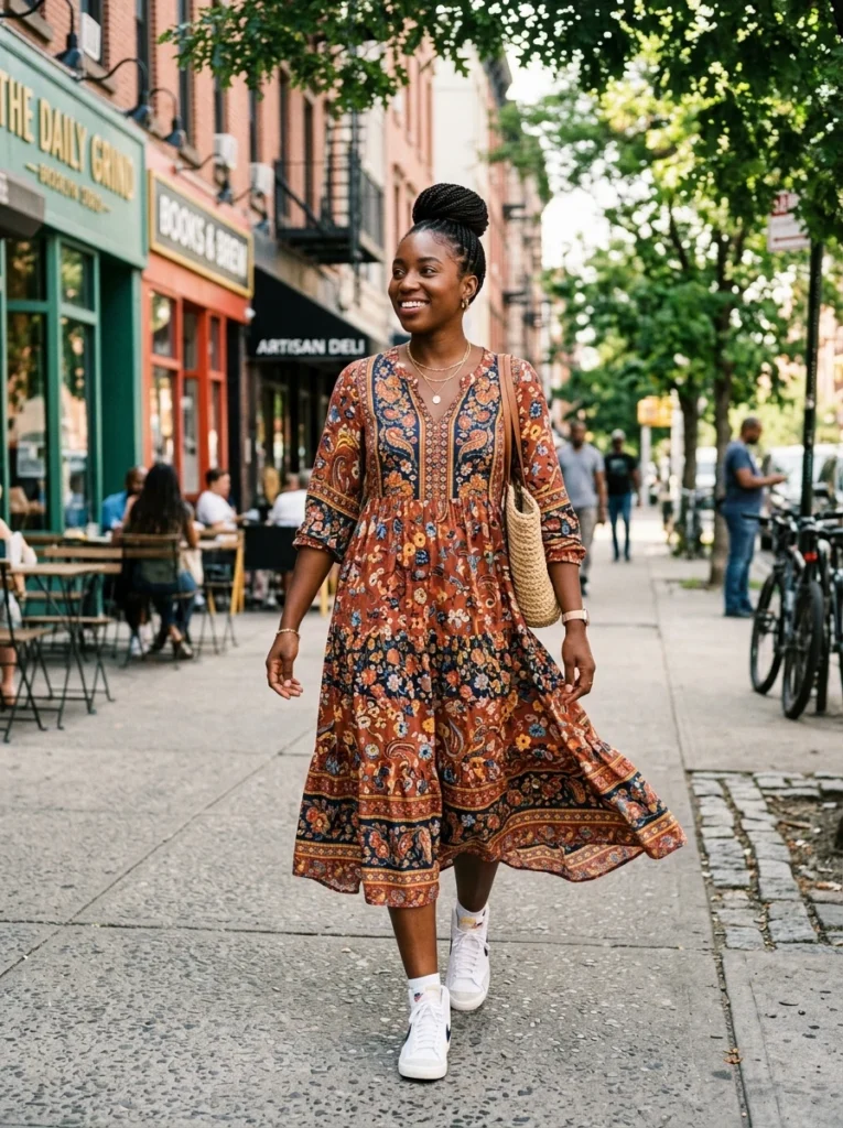 Flowy Midi Dress with Sneakers