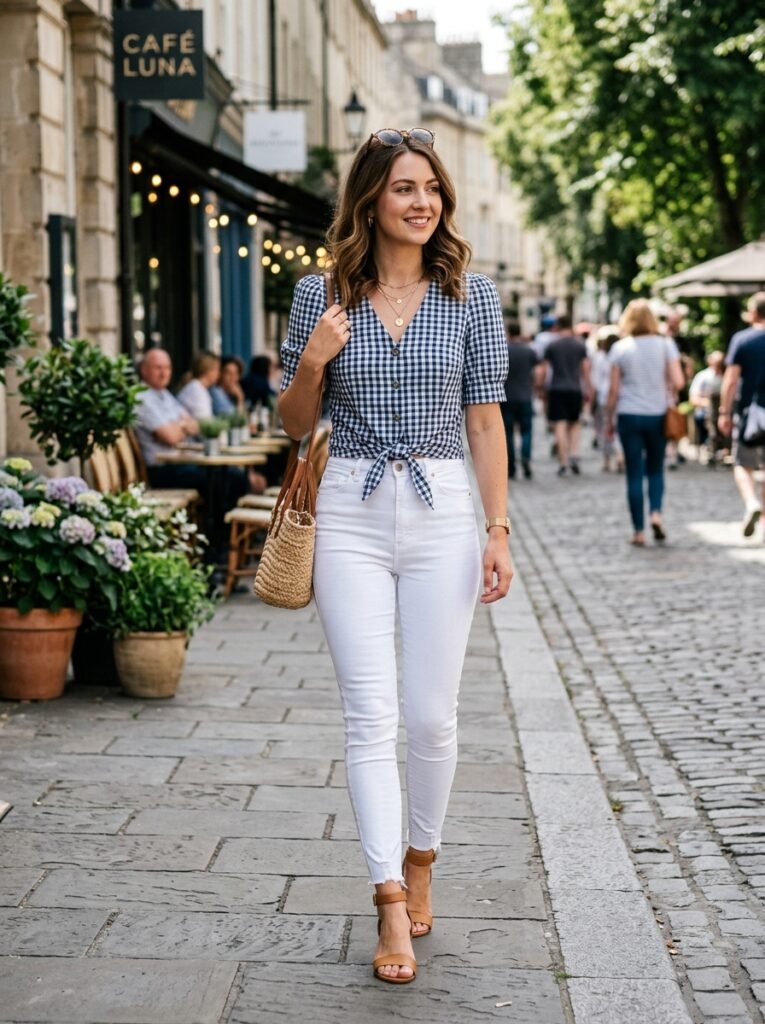 Gingham-Top-with-White-Skinny-Jeans.
