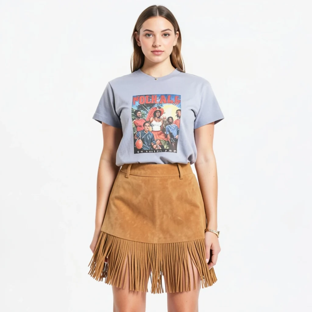 Graphic Tee and Fringed Suede Skirt