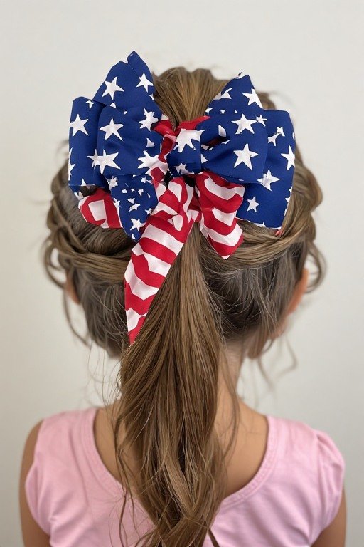 High Ponytail Hairstyle with Patriotic Bow