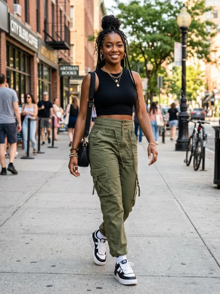 High-Waisted Cargo Pants and Crop Top
