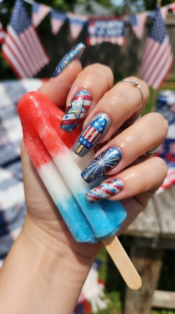 Holographic Star Burst Bomb Pop 4th Nails