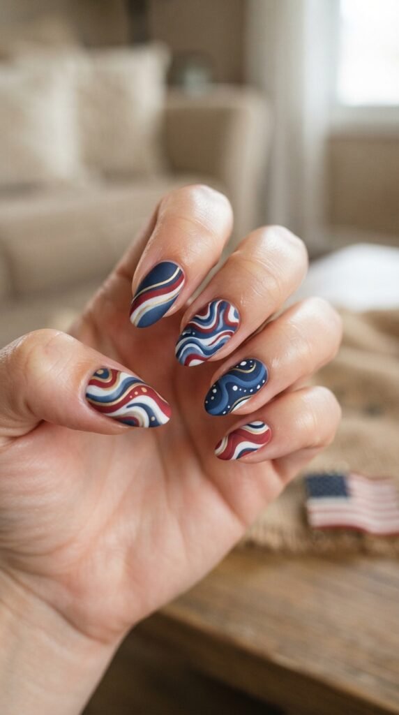 Matte Patriotic Abstract Swirls Nails