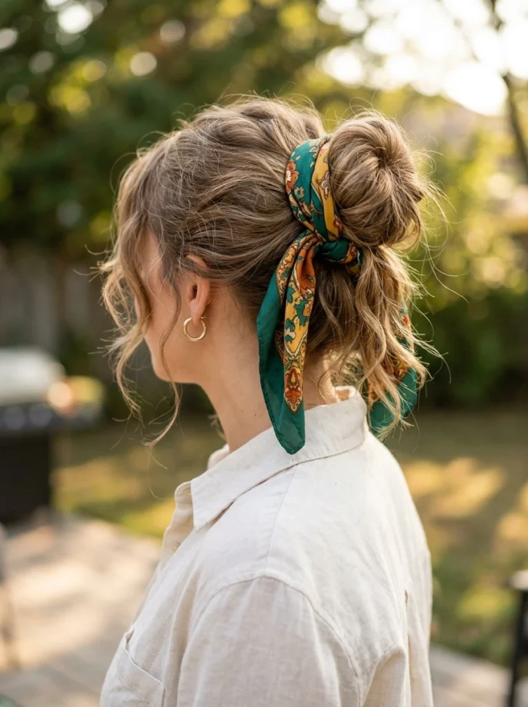 Messy-Bun-With-A-Silk-Scarf 