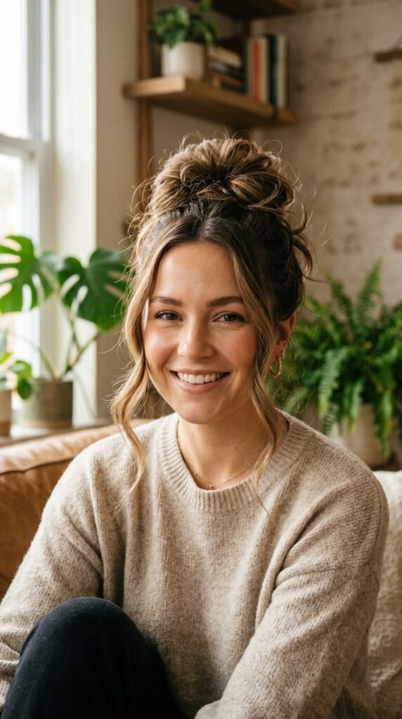 Messy Bun with Face-Framing Strands Hairstyle