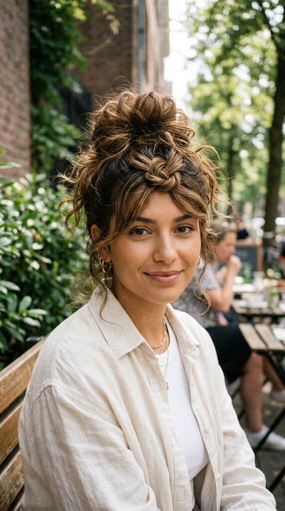 Messy Topknot with Front Knot Hairstyle