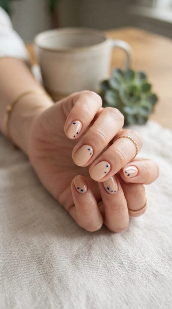 Minimalist Nude Nails with Tiny Blue Stars