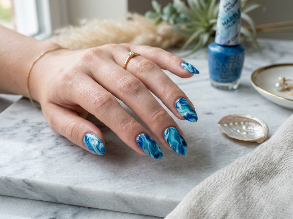 Ocean Blue Marble Nails
