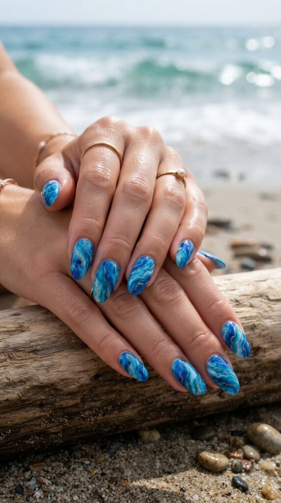 Ocean Blue Marble Nails