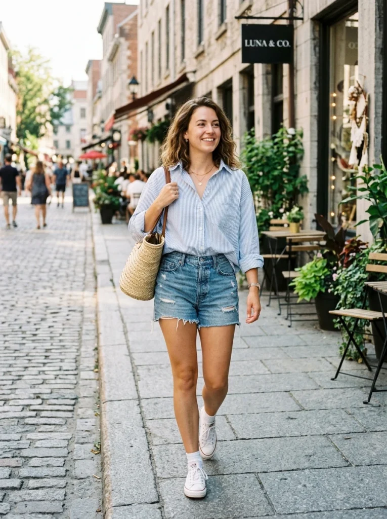 Oversized Button-Down and Denim Shorts