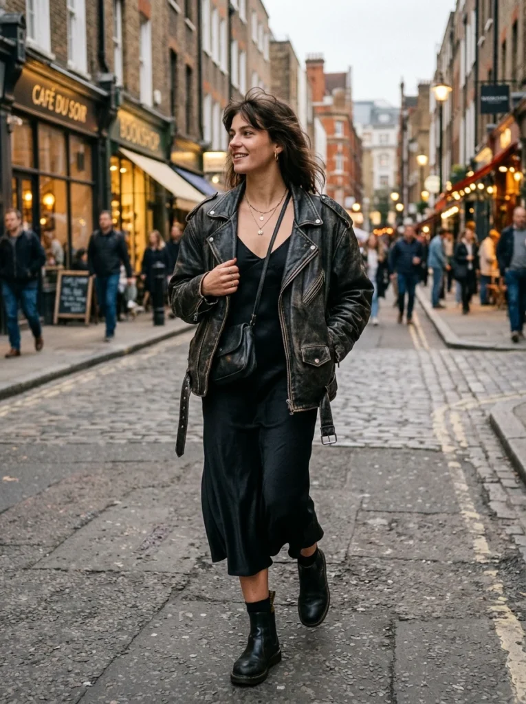  Oversized Leather Jacket over Slip Dress