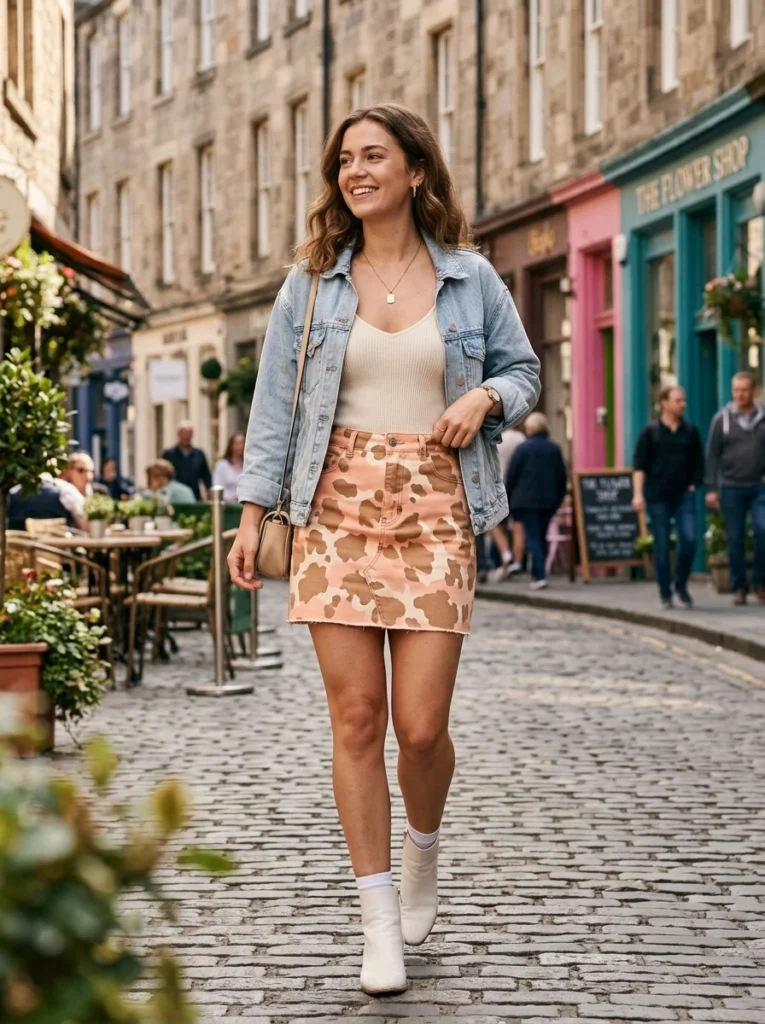 Peachy Cow Print Mini Skirt