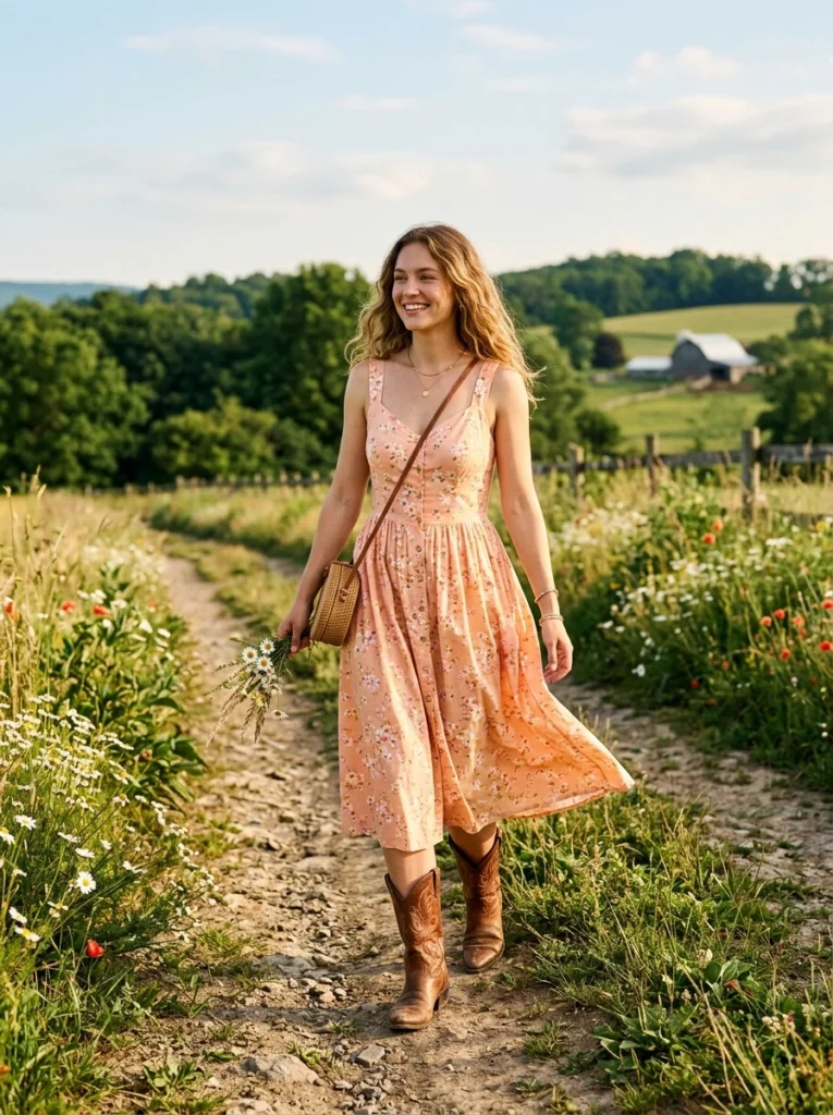 Peachy Floral Sundress with Cowboy Boots