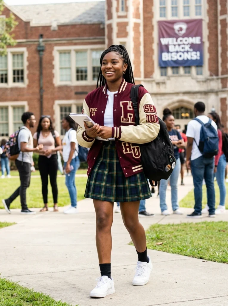 3. Plaid Pleated Skirt and Varsity Jacket