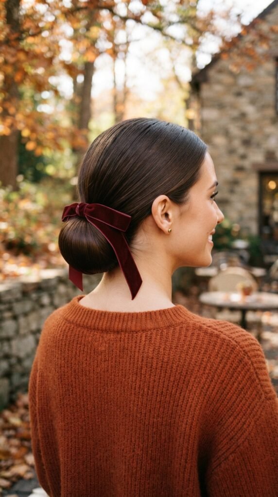 Polished Low Bun with Velvet Ribbon Fall Hairstyles for Long Hair 2026 Hairstyle