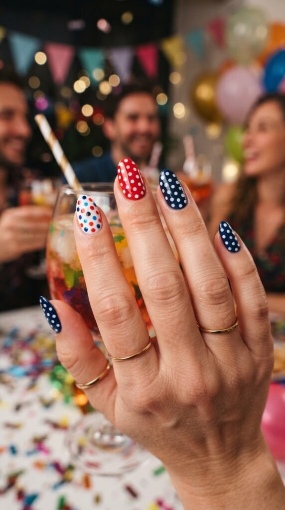 Red, White, and Blue Polka Dot Party Nails