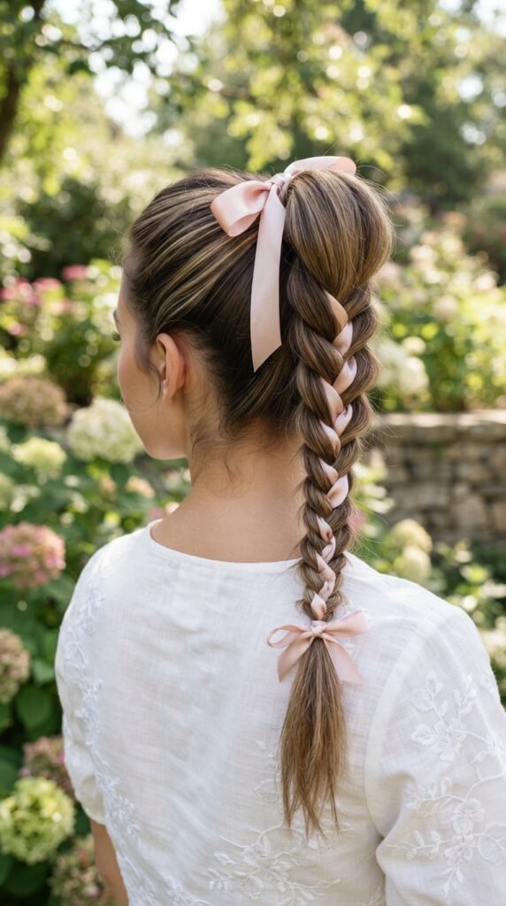 Ribbon Braided Ponytail Hairstyle