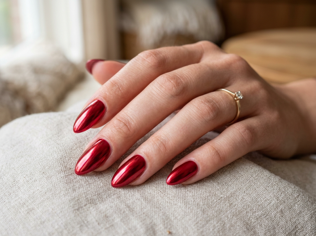 Ruby Red Chrome Nails