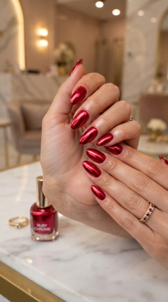 Ruby Red Chrome Nails