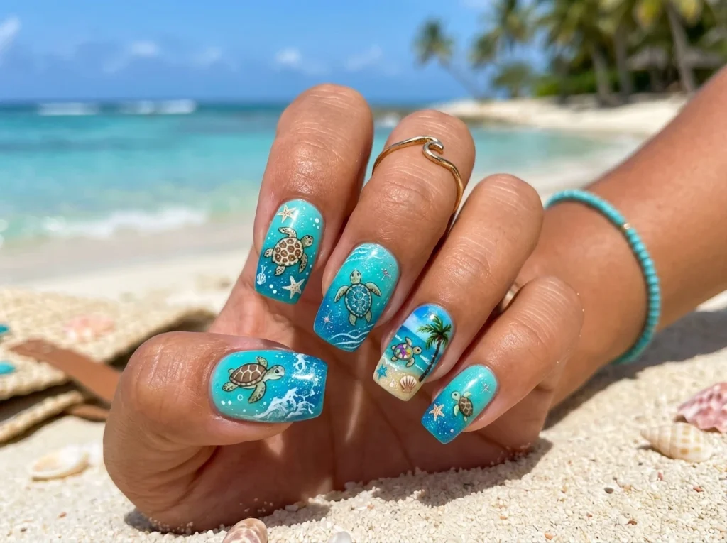 Cute Sea Turtle & Ocean Gel Nail
