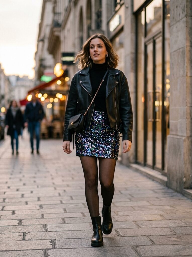 5. The Sequin Mini Skirt Outfit
