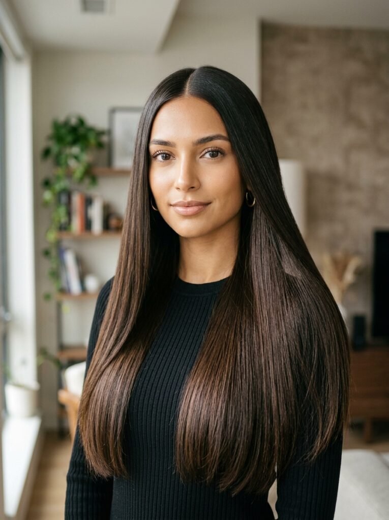 Sleek Middle-Part Long Hair